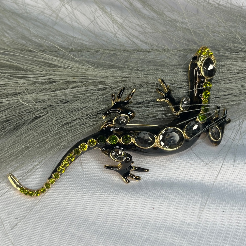 GOLD RHINESTONE LIZARD GECKO CHAMELEON BROOCH PIN